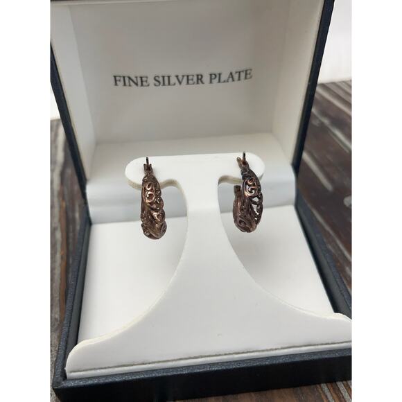 Women's Small Hoop Earrings Copper Colored Silver Plated Filagree - Picture 2 of 7